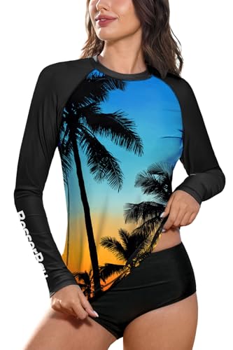 BesserBay Damen Druck Bequem UV Shirt Langarm UPF 50+ Rundhals Rash Guard Blau Orange Schwarz Kokospalme XXL von BesserBay