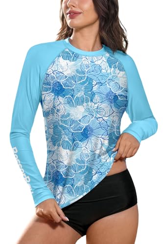 BesserBay Damen Druck Bequem UV Shirt Langarm UPF 50+ Sonnenschutz Rundhals Rash Guard Blau Blumen L von BesserBay