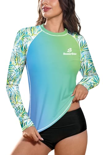 BesserBay Damen Druck Bequem UV Shirt Langarm UPF 50+ Sonnenschutz Rundhals Rash Guard Blau Grün Blätter XL von BesserBay