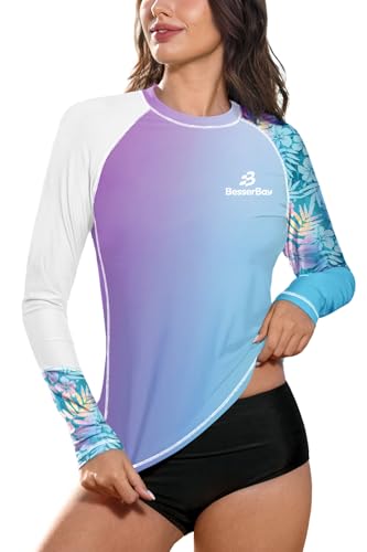 BesserBay Damen Druck Bequem UV Shirt Langarm UPF 50+ Sonnenschutz Rundhals Rash Guard Lila Blau Blätter L von BesserBay