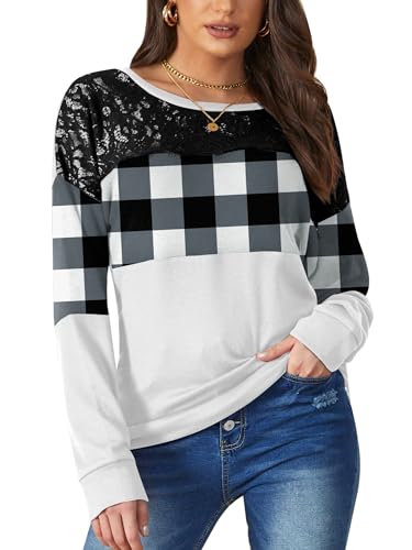 BesserBay Damen Herbst Langarmshirt mit Schwarzer Spitze Rundhalsausschnitt Sweatshirt Kariert Weiß XXL von BesserBay