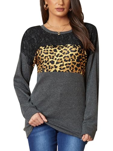 BesserBay Damen Herbst Langarmshirt mit Schwarzer Spitze Rundhalsausschnitt Sweatshirt Leopardenmuster Grau M von BesserBay