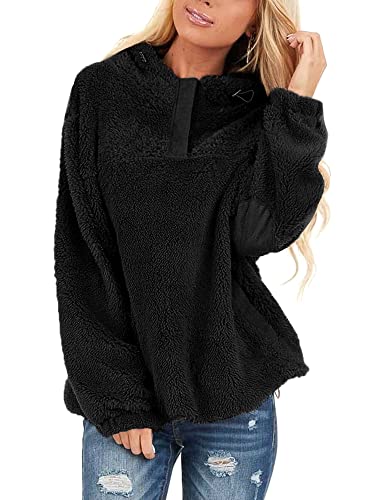 BesserBay Damen Kapuzenpullover Teddy-Fleece Hoodie Langarm Einfarbig Herbst Winter Sweatshirt Schwarz M von BesserBay