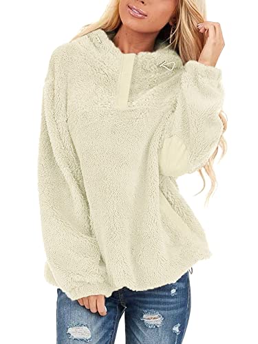 BesserBay Damen Kapuzenpullover Teddy Fleece Hoodie Langarm Einfarbig Sweatshirt Herbst Winter Pullover mit Taschen Oatmeal M von BesserBay