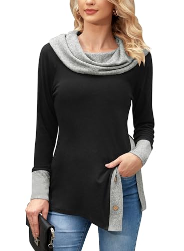 BesserBay Damen Knöpfe-Design Patchwork-Farben Pullover Schwarz Sweatshirt Langarm Rollkragen Oberteile S von BesserBay