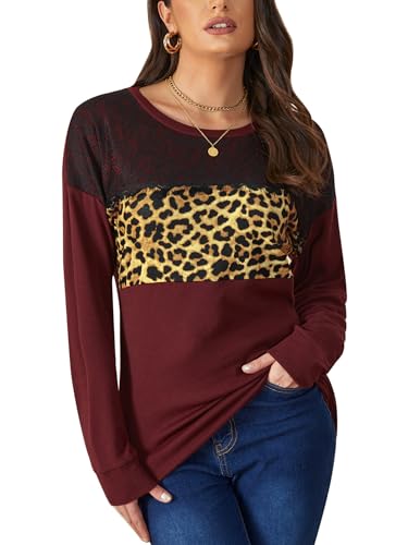 BesserBay Damen Lässig Langarmshirt Rundhalsausschnitt mit Schwarzer Spitze Sweatshirt Leopardenmuster Claret M von BesserBay