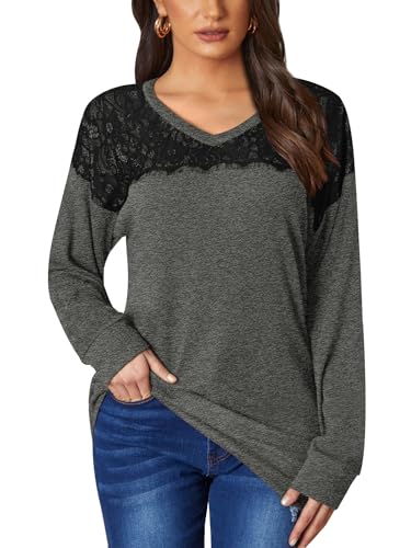 BesserBay Damen Winter Elegant Langarmshirt mit Schwarzer Spitze V-Ausschnitt Sweatshirt Grau L von BesserBay