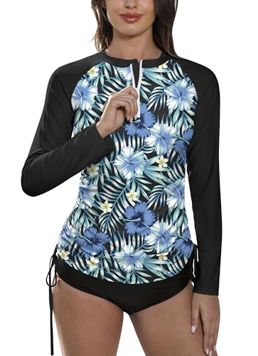 BesserBay Damen Lang Ärmel Tankini surf mit Blatt Printing und 1/4 Zip Tankini Sonnenschutz UPF 50+ A1 XL von BesserBay