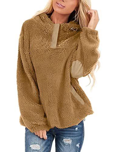 BesserBay Damen Langarm Flauschige Kapuzenpullover Warm Sweatshirt Teddy-Fleece Hoodie Herbst Winter Pullover Khaki L von BesserBay