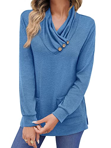 BesserBay Damen Langarm Herbst Lässige Tops Tshirt Oberteile Langarmshirt mit Taschen Rollkragenshirt Blau L von BesserBay