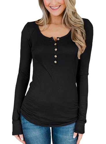 Damen Bequem Henley Shirt Rundhalsausschnitt mit Knöpfen Freizeit Elegant Langarmshirt Schwarz S von BesserBay