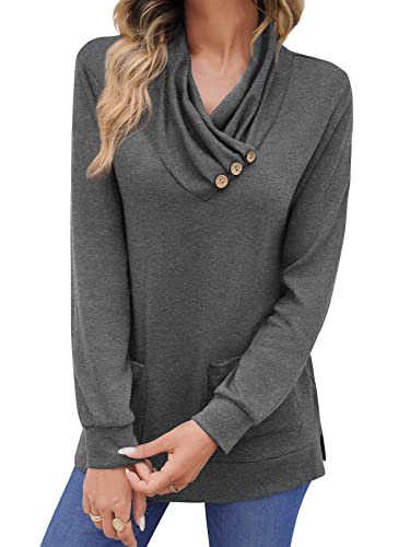 BesserBay Damen Langarm Oberteile mit Taschen Rollkragenshirt Lässige Tops Tshirt Rollkragenshirt Langarmshirt Herbst Grau S von BesserBay