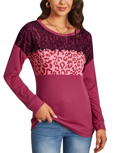 BesserBay Damen Lässig Langarmshirt Rundhalsausschnitt mit Schwarzer Spitze Sweatshirt Leopardenmuster Rosenrot L von BesserBay