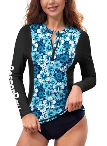 BesserBay Damen Lange Ärmel UV Schwimmshirt Schnelltrocknend 1/4 Zip UPF 50+ Rashguard Blau & Flora XL von BesserBay