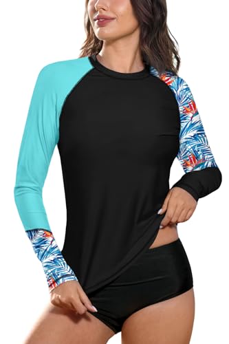 BesserBay Damen Oberteil Badeshirt UV Shirt UPF 50+ Sonnenschutz Rundhals Schwarz Blau Langarm Rash Guard XXL von BesserBay