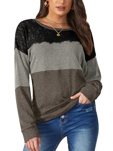 BesserBay Damen Elegant Winter Langarmshirt Rundhalsausschnitt mit Schwarzer Spitze Sweatshirt Grau Bronze L von BesserBay