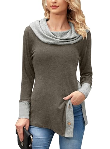 BesserBay Damen Patchwork-Farben Knöpfe-Design Pullover Sweatshirt Braun Langarm Rollkragen Oberteile L von BesserBay