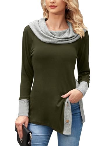 BesserBay Damen Knöpfe-Design Patchwork-Farben Pullover Grün Sweatshirt Langarm Rollkragen Oberteile S von BesserBay