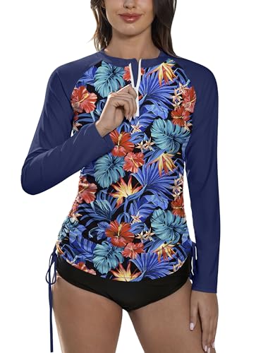 BesserBay Damen Raglanärmel badeanzüge Schwimmen mit Blatt Printed und 1/4 Zip Rash Guard Sonnenschutz UPF 50+ A4 S von BesserBay