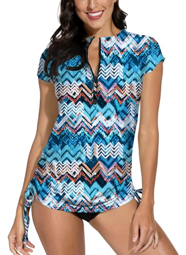 BesserBay Damen Rash Guard mit Kurzarm und 1/4 Zip Bademode Schwimmshirt Sonnenschutz UPF 50+ Blau Wellen XXL von BesserBay