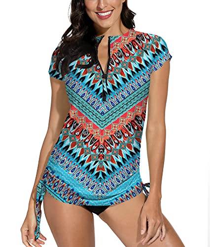 BesserBay Damen Rashguard Gedrucktes Kurz Ärmel UV-Shirt Schnelltrocknendes Badeshirt UPF 50+ Aqua M von BesserBay