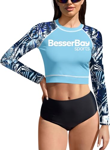 BesserBay Damen Rundhals Schwimmen Shirt Surf Shirt Langarm Bauchfrei UV Shirts Blau UPF 50+ Rash Guard L von BesserBay