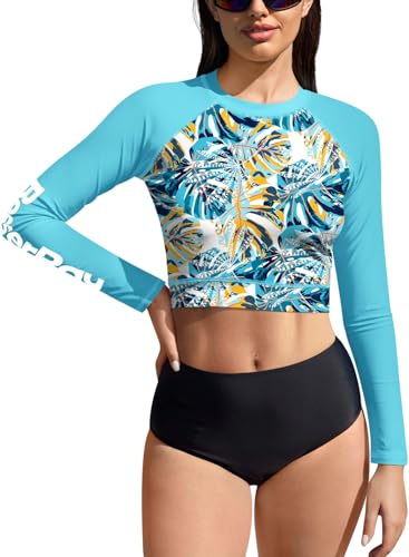 BesserBay Damen Rundhals Schwimmen Shirt Surf Shirt Langarm Bauchfrei UV Shirts Blau UPF 50+ Rash Guard L von BesserBay