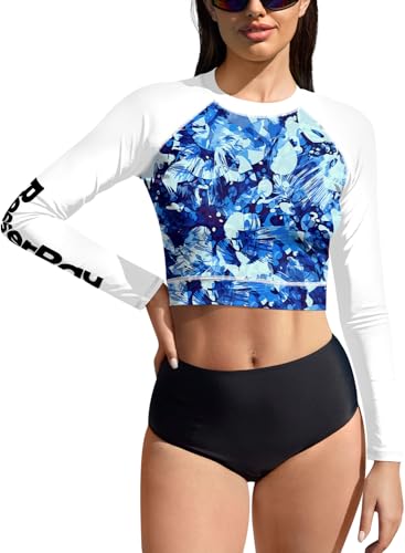 BesserBay Damen Rundhals Schwimmen Shirt Surf Shirt UPF 50+ Bauchfrei UV Shirts Weiß Blau Langarm Rash Guard L von BesserBay