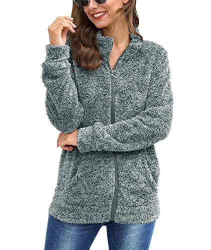 BesserBay Fleecejacke Damen Winter Weich Teddy Funktions Lang Durchgehendem Reißverschluss Fleecemantel Sweatjacke Grau XL von BesserBay