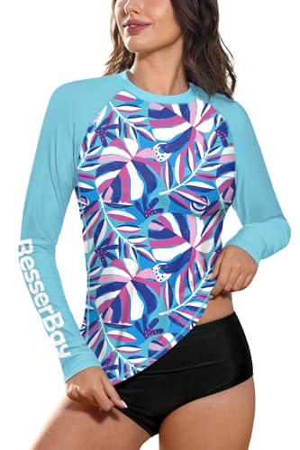 BesserBay Damen Schnelltrocknend Top UV Shirt Blau Blätter Langarm UPF 50+ Sonnenschutz Rundhals Rash Guard M von BesserBay