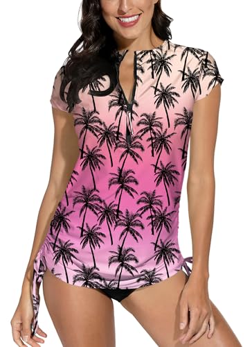 BesserBay Damen Schnelltrocknend Top UV Shirt Kurzarm UPF 50+ 1/4 Zip Rash Guard Kokospalme Rosa Creme XL von BesserBay