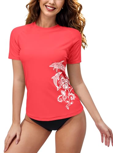 BesserBay Damen Schnelltrocknend Top UV Shirt Rundhals UPF 50+ Sonnenschutz Kurzarm Rash Guard Rot XXL von BesserBay