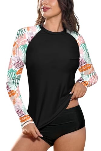 BesserBay Damen Schnelltrocknend Top UV Shirt Rundhals UPF 50+ Sonnenschutz Schwarz Blätter Langarm Rash Guard S von BesserBay