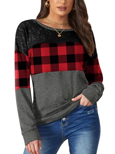 BesserBay Damen Winter Elegant Langarmshirt Rundhalsausschnitt mit Schwarzer Spitze Sweatshirt Kariert Rot XXL von BesserBay