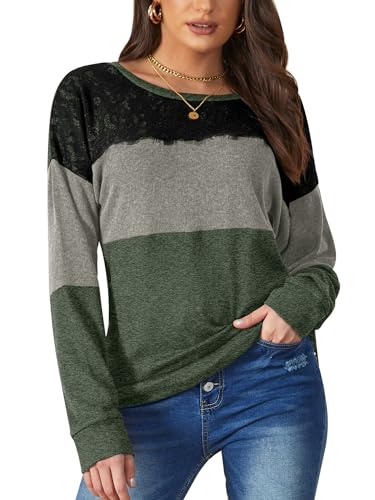 BesserBay Damen Herbst Winter Langarmshirt mit Schwarzer Spitze Rundhalsausschnitt Sweatshirt Grau Grün L von BesserBay