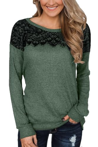 BesserBay Damen Schwarzen Spitzen Rundhalsausschnitt Shirt Lässig Sweatshirt Grün L von BesserBay