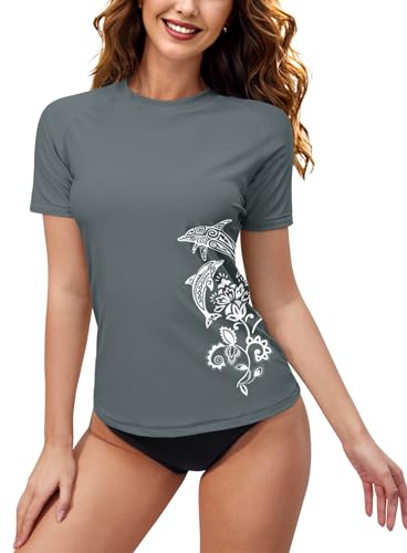 BesserBay Damen Schwimm Shirt Kurzarm UV Shirts Wasser Rash Guard UV Schutzkleidung Grey S von BesserBay