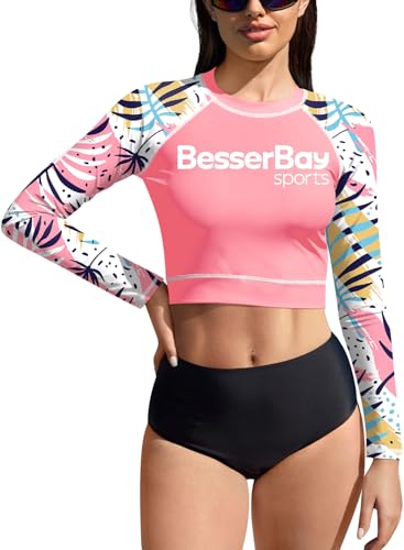 BesserBay Damen Schwimmen Shirt Rundhals Surf Shirt Rosa Langarm UPF 50+ Bauchfrei UV Shirts Rash Guard L von BesserBay