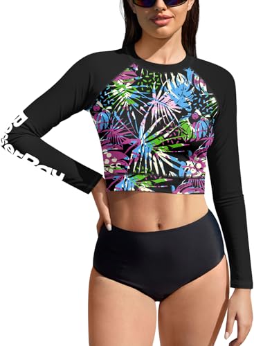 BesserBay Damen Schwimmen Shirt Surf Shirt Bauchfrei UV Shirts Sonnenschutz UPF 50+ Langarm Rash Guard L von BesserBay