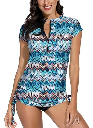 BesserBay Damen Schwimmen Sonnenschutz Rash Guard Badeanzug mit Kurzarm und 1/4 Zip Surfshirt Tankini UPF 50+ Blau Wellen L von BesserBay