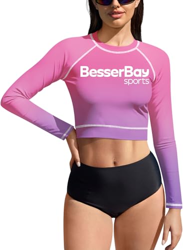 BesserBay Damen Schwimmoberteile Druck Surf Shirt Sonnenschutz UPF 50+ Bauchfrei UV Shirts Rosa Lila Rash Guard XL von BesserBay