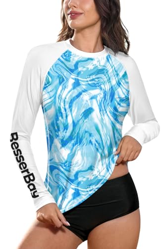 BesserBay Damen Schwimmshirt Atmungsaktiv UV Shirt Rundhals UPF 50+ Sonnenschutz Weiß Blau Langarm Rash Guard S von BesserBay
