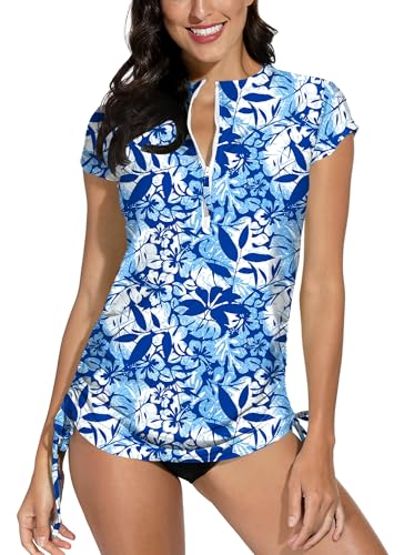 BesserBay Damen Schwimmshirt Druck UV Shirt 1/4 Zip UPF 50+ Sonnenschutz Kurzarm Rash Guard Blumen Blau L von BesserBay