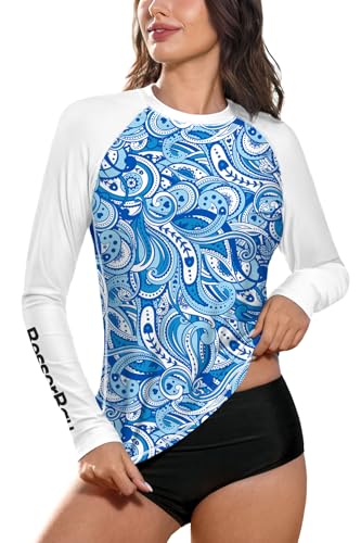 BesserBay Damen Schwimmshirt UV Shirt Rundhals UPF 50+ Sonnenschutz Langarm Rash Guard Blau Weiß Blumen M von BesserBay