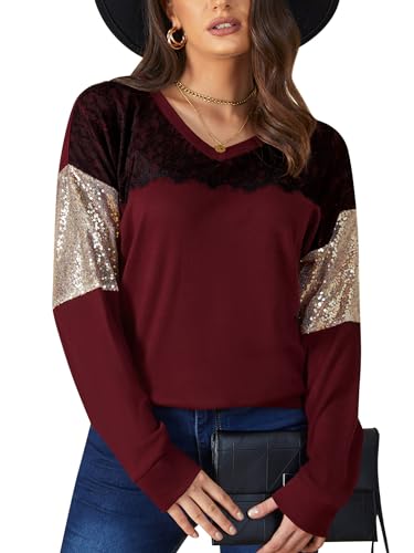 BesserBay Damen Bequem Langarmshirt mit Schwarzer Spitze V-Ausschnitt Sweatshirt Claret L von BesserBay