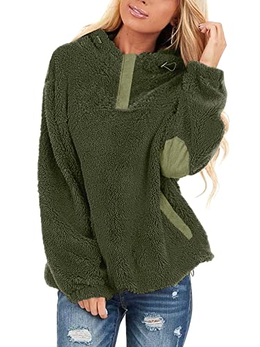 BesserBay Damen Sweatshirt Teddy Fleece Hoodie Lässig Einfarbig Kapuzenpullover Herbst Pullover mit Taschen Dunkelgrün XL von BesserBay