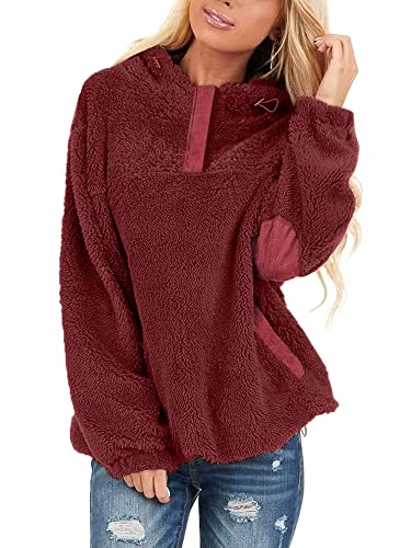 BesserBay Damen Sweatshirt Teddy Fleece Hoodie Lässig Einfarbig Kapuzenpullover Herbst Winter Fleecepullover Burgundy XL von BesserBay