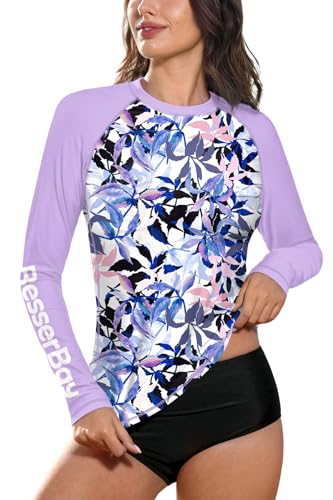 BesserBay Damen Top Schnelltrocknend UV Shirt Langarm Rundhals Lila Blätter UPF 50+ Sonnenschutz Rash Guard S von BesserBay