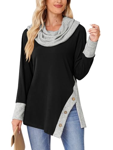 BesserBay Damen Weich Baumwolle Pullover Schwarz Sweatshirt Langärmelig mit großem Kragen Oberteile L von BesserBay