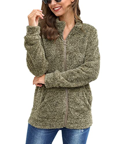 BesserBay Fleecejacke Damen Ohne Kapuze Schick Teddy Lang Funktions Durchgehendem Reißverschluss Fleecemantel Sweatjacke Khaki S von BesserBay